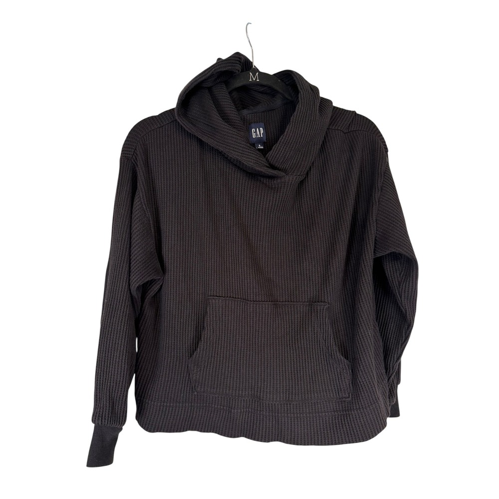 Gap Women Black Waffle Knit Pullover Hoodie Crossover Neck Kangaroo Pocket S
